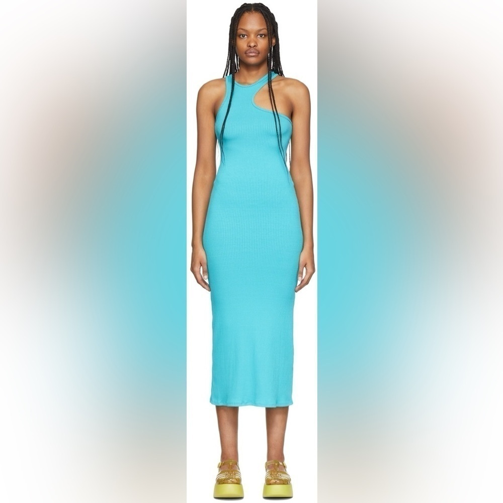 Simon Miller Ribbed Mawga Asymmetric Fitted Midi Dress Blue Size S